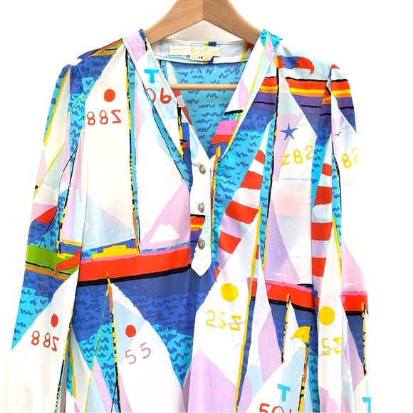 Rare Vintage 70's Ken Scott Hand Printed Sailboat Print MIdi Dress Retro White M - Picture 4 of 15